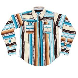 Cowgirl Hardware Girls L 10/12 Western Stripe Snap Shirt Turquoise Brown Rodeo